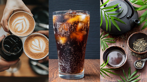 picture of coffee, soda, and tea side by side