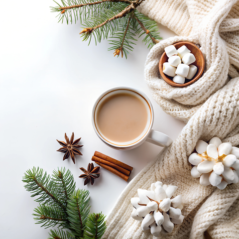 Cozy winter scene with a cup of coffee, marshmallows, and festive decorations on a white surface.