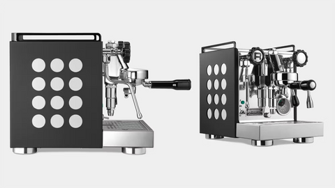 Two espresso machines with black and silver design on a white background