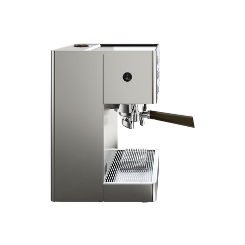 Stainless steel espresso machine on a white background