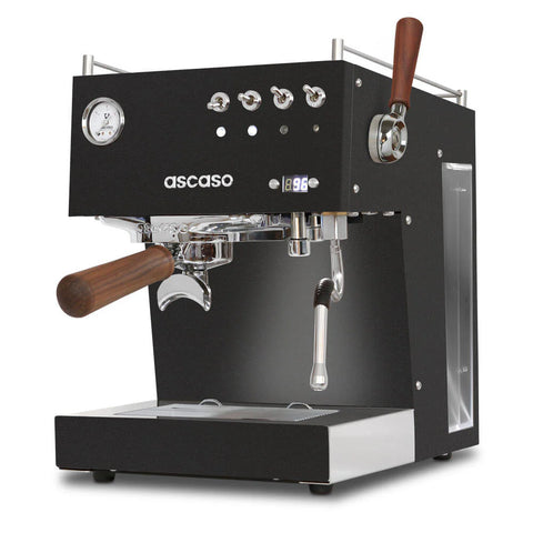 Black Ascaso espresso machine with wooden handles on a white background