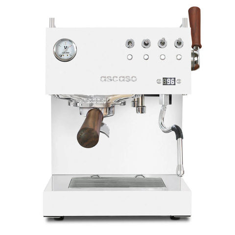 White espresso machine with wooden handles on a white background
