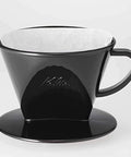 Kalita Plastic Black coffee filter with handle on a white background