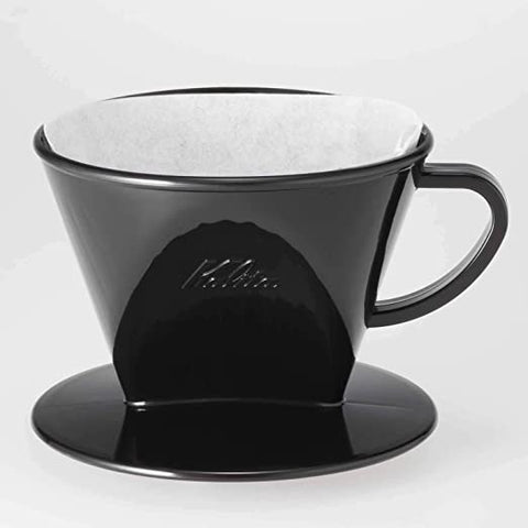Kalita Plastic Black coffee filter with handle on a white background