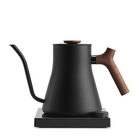 Black electric kettle with wooden handle on a white background