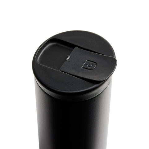 Black tumbler with a lid on a white background