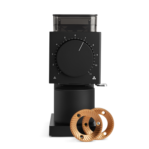 Black coffee grinder with a wooden grinder attachment on a white background