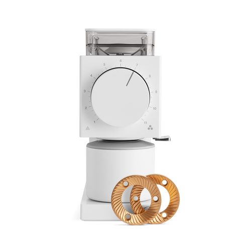 White coffee grinder with wooden burrs on a white background
