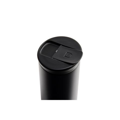 Black cylindrical container with a lid on a white background