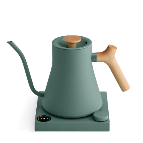 Green electric kettle with wooden handle and spout on a white background