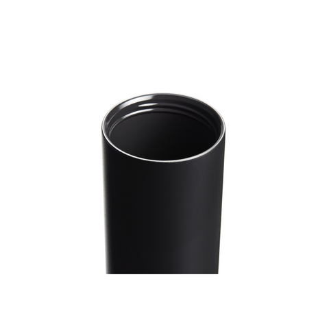 Black cylindrical object on a white background