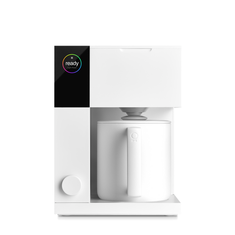 Fellow Aiden White coffee maker with a digital display on a white background
