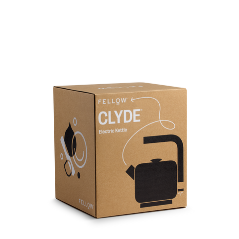 Cardboard box packaging for a Fellow Clyde electric kettle on a white background