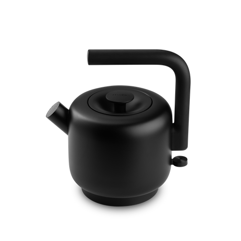 Black teapot with a lid and handle on a white background