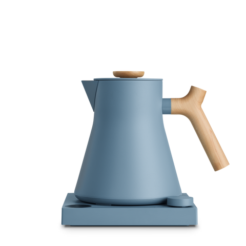 Fellow Corvo EKG Pro Electric Kettle Blue electric kettle with wooden handle on a white background