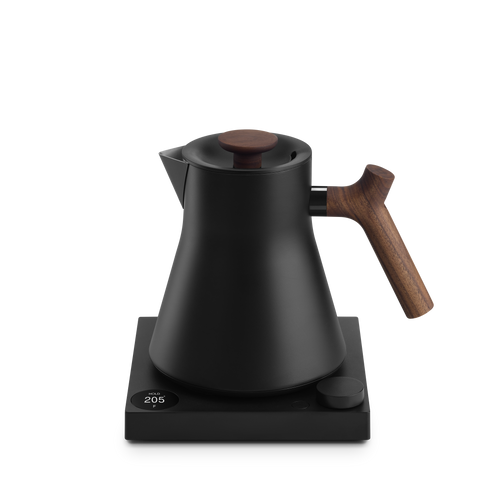 Fellow Corvo EKG Pro Electric Kettle Black electric kettle with wooden handle on a white background