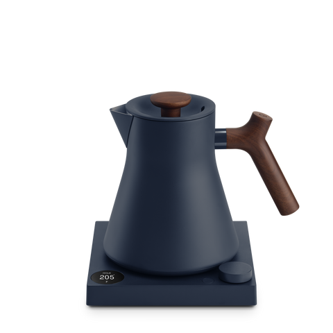 Fellow Corvo EKG Pro Electric Kettle Dark blue kettle with wooden handle and lid on a white background
