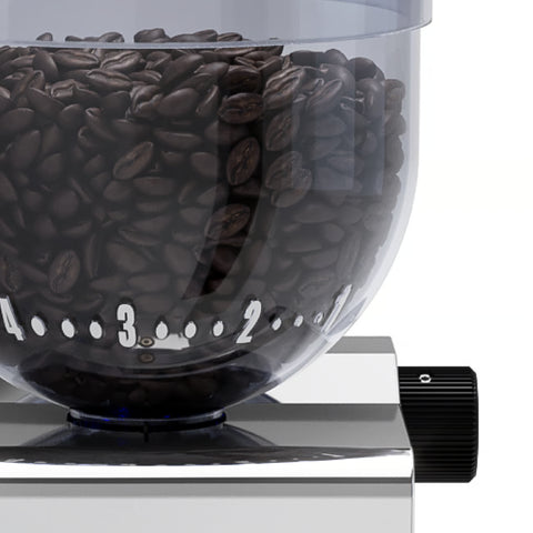 Coffee grinder with coffee beans inside on a white background