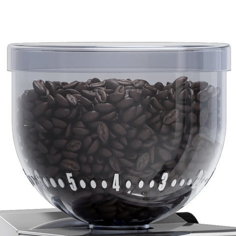 LELIT Fred Espresso Grinder Clear filled with coffee beans on a digital scale