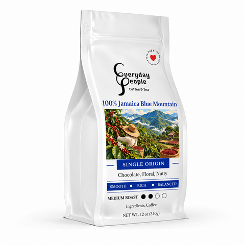 A white stand-up pouch of Everyday People Coffee & Tea, specifically 100% Jamaica Blue Mountain single origin coffee, shown on a clean white background.