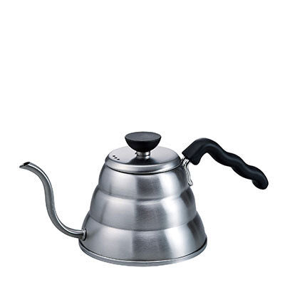 Hario Buono V60 Drip Stainless steel gooseneck kettle with black handle and spout on a white background