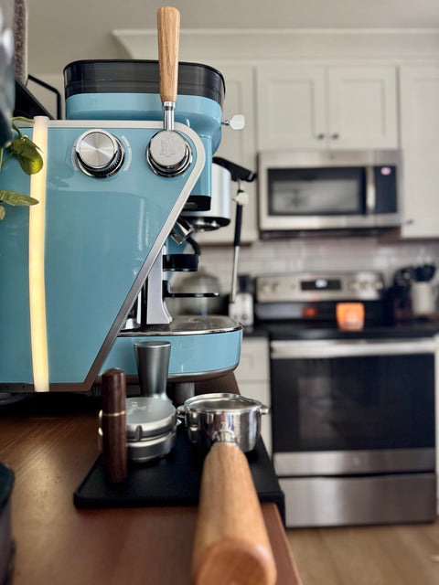 Blue La Seine X espresso machine on a kitchen counter 