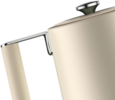 Close-up of a metallic container with a handle on a white background