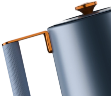 Close-up of a blue and orange kitchen tool on a white background
