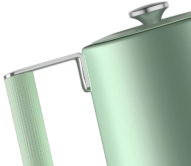 Green kitchen kettle with a textured handle on a white background