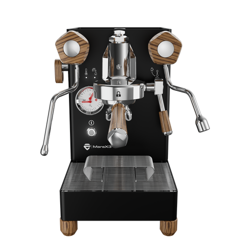 Lelit MaraX3 Espresso Machine with wooden accents on a white background