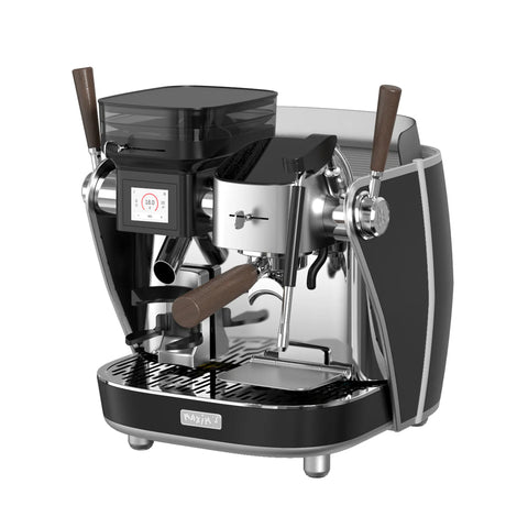 Maxim La Seine Black and silver espresso machine with wooden handles on a white background
