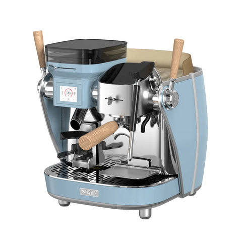 Maxim La Seine Blue espresso machine with wooden handles on a white background