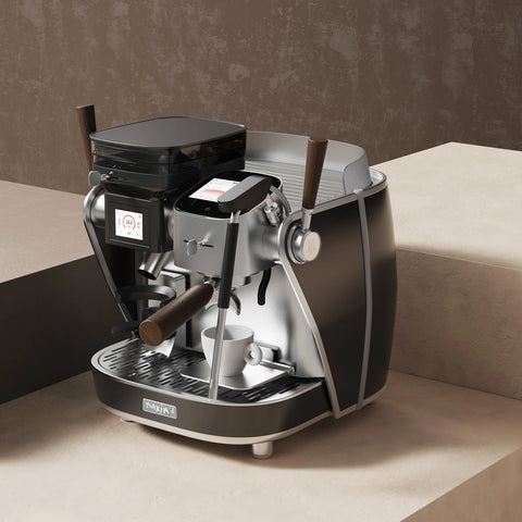 Maxim La Seine Espresso machine on a beige surface with a brown textured wall background