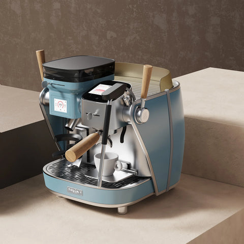 Maxim La Seine Blue espresso machine with wooden handles on a neutral background
