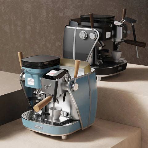 Maxim La Seine Two espresso machines, one blue and one black, on a beige surface with a brown textured wall background.