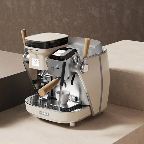 Maxim La Seine White espresso machine with wooden handles on a beige surface.