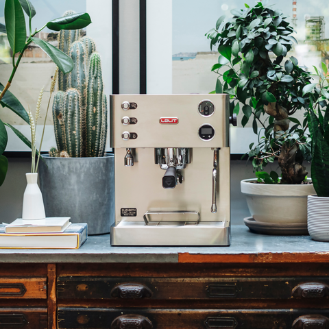 Leif espresso machine on a wooden table with plants in the background