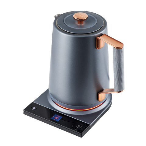 Gray electric kettle with copper accents on a white background