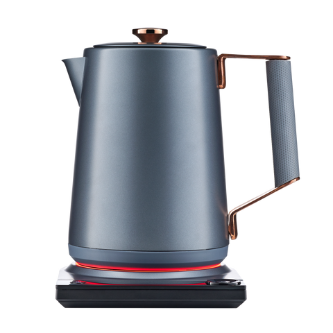Modern electric kettle with metallic finish on a white background