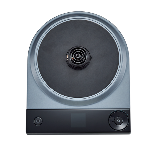 Round electronic device with a black center and gray outer shell on a white background