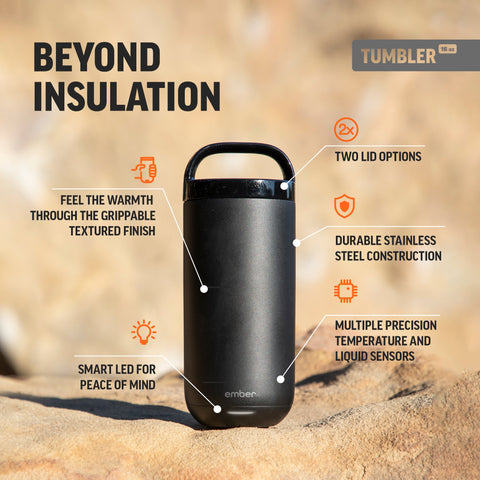 Black tumbler with features highlighted on a natural background