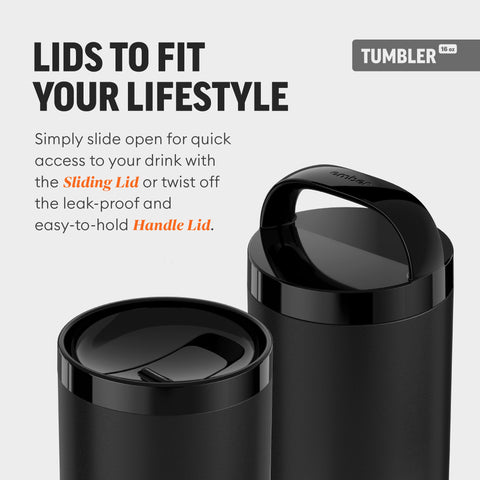 Black tumblers with sliding and handle lids on a light gray background