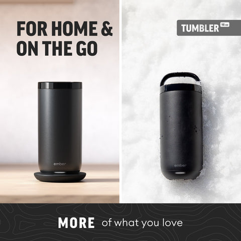Black tumbler on a wooden surface with snow in the background, featuring text 'For Home & On The Go' and 'Tumbler 16 oz'.