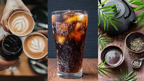 Three images: left - hands holding coffee cups with latte art, center - glass of iced cola, right - tea-making setup with teapot and leaves.