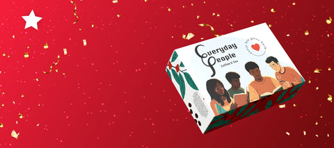 Box of 'Everyday People' candy on a red background with confetti