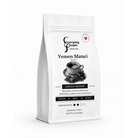 A white stand-up pouch of Everyday People Coffee & Tea Yemen Matari single-origin coffee, shown on a clean white background.