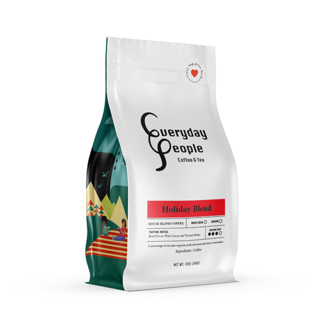 Coffee bag labeled 'Everyday People' with holiday blend design on a white background