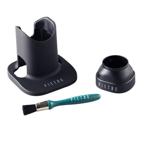 Black stand and container with a green brush on a white background, featuring the brand 'PIETRO'.