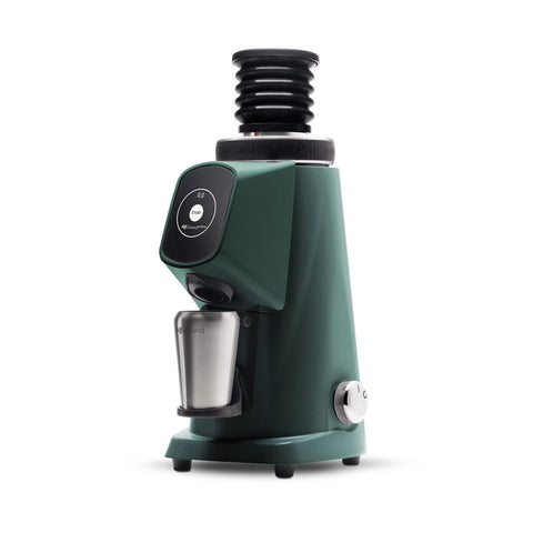 AllGround ProBrew filter coffee grinder in forest green with 54mm conical burrs on a white background
