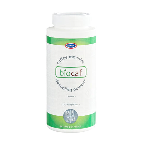 Biocaf coffee machine descaling powder container on a white background